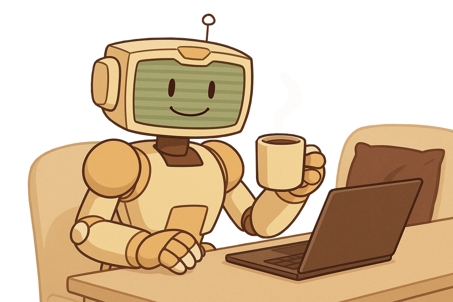 A friendly robot sitting at a desk with a laptop and a cup of coffee