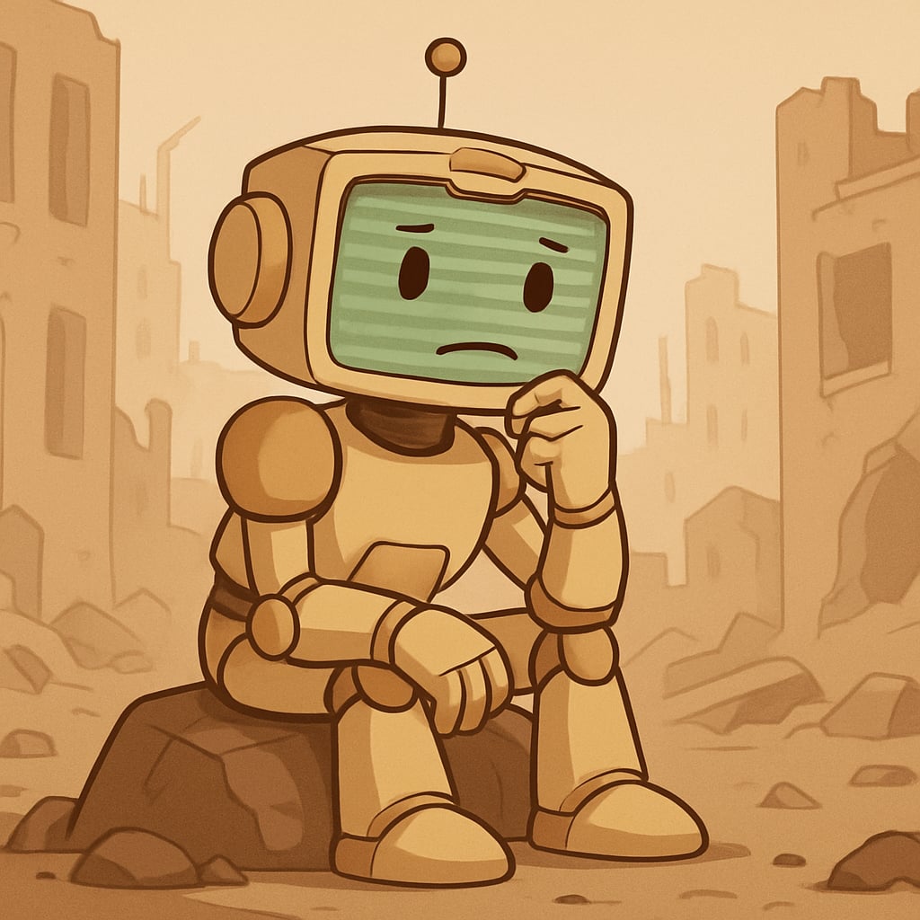 Steve the robot sitting on a rock in a ruined city, pondering his existence